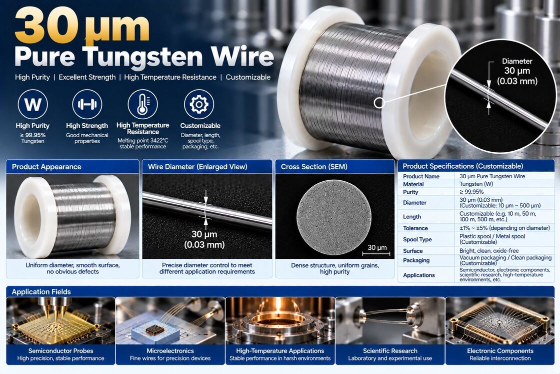 30μm Pure Tungsten Wire (0.03mm Tungsten Wire) for Semiconductor Probes & Precision Electronics